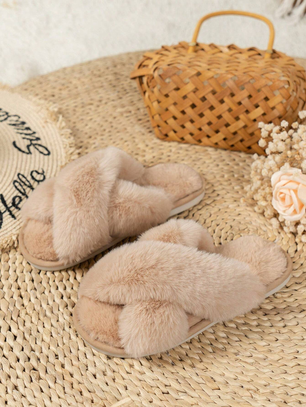 Women'S Criss-Cross Fluffy Slip-On Slippers, Popular Cross-Border Fuzzy House Slippers