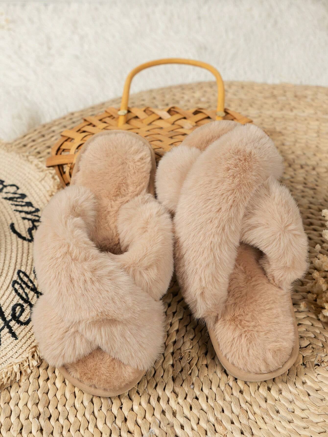 Women'S Criss-Cross Fluffy Slip-On Slippers, Popular Cross-Border Fuzzy House Slippers