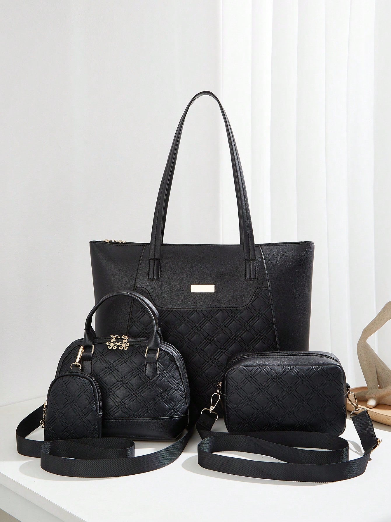 4Pcs Women'S Travel Set Four Pieces: Fashionable Rhinestone Pressed Crossbody Bag,Solid Color Tote,Large Capacity Handbag,Shoulder Camera Bag,School Bag Set,Portable,Classic Casual,Business Casual,For Teen Girls Women College Students,White-Collar Workers,College,Perfect for Office,Elementary School, School Bag with Pouch for Women