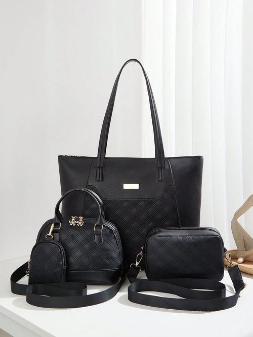 4Pcs Women'S Travel Set Four Pieces: Fashionable Rhinestone Pressed Crossbody Bag,Solid Color Tote,Large Capacity Handbag,Shoulder Camera Bag,School Bag Set,Portable,Classic Casual,Business Casual,For Teen Girls Women College Students,White-Collar Workers,College,Perfect for Office,Elementary School, School Bag with Pouch for Women