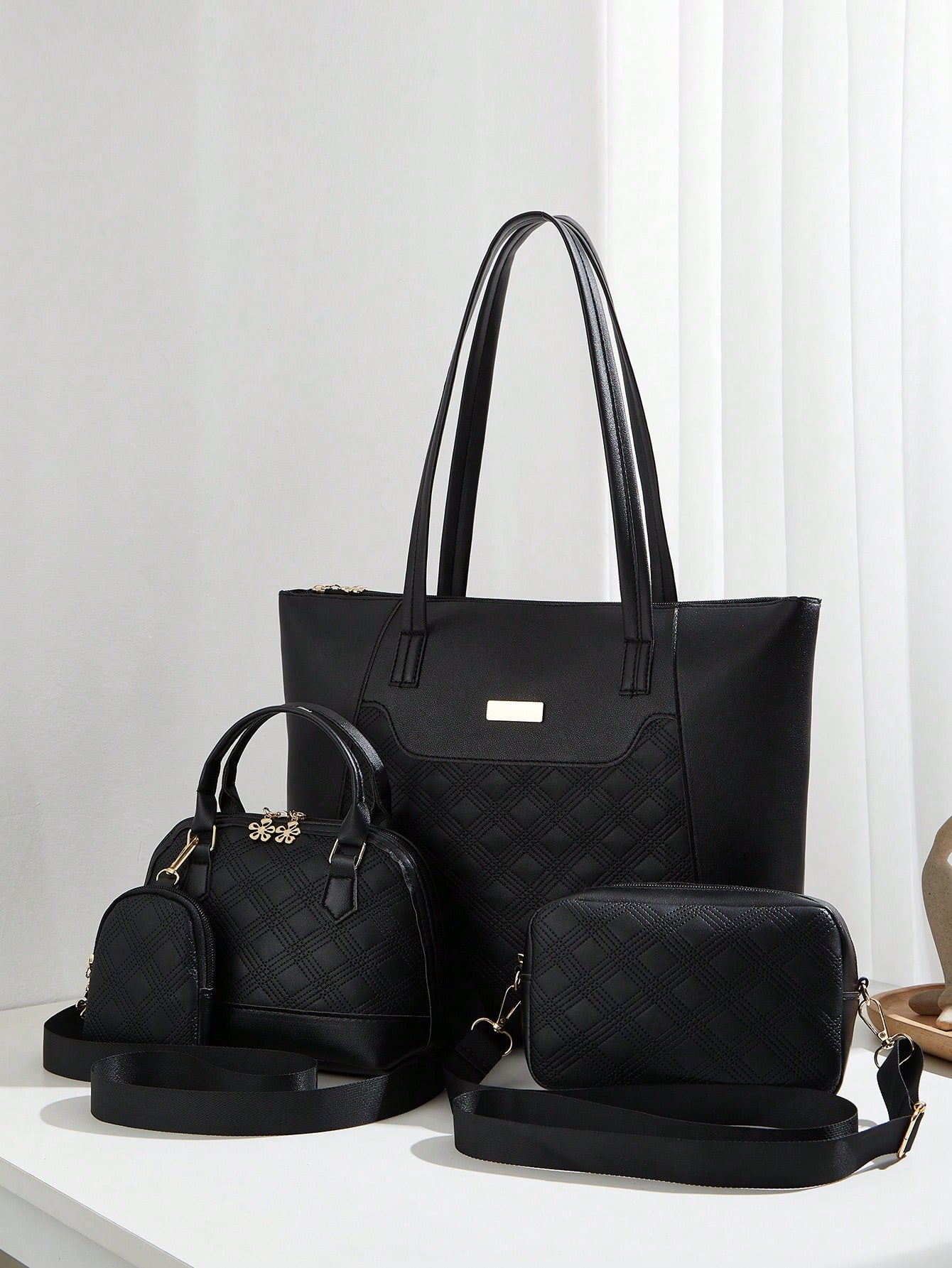 4Pcs Women'S Travel Set Four Pieces: Fashionable Rhinestone Pressed Crossbody Bag,Solid Color Tote,Large Capacity Handbag,Shoulder Camera Bag,School Bag Set,Portable,Classic Casual,Business Casual,For Teen Girls Women College Students,White-Collar Workers,College,Perfect for Office,Elementary School, School Bag with Pouch for Women