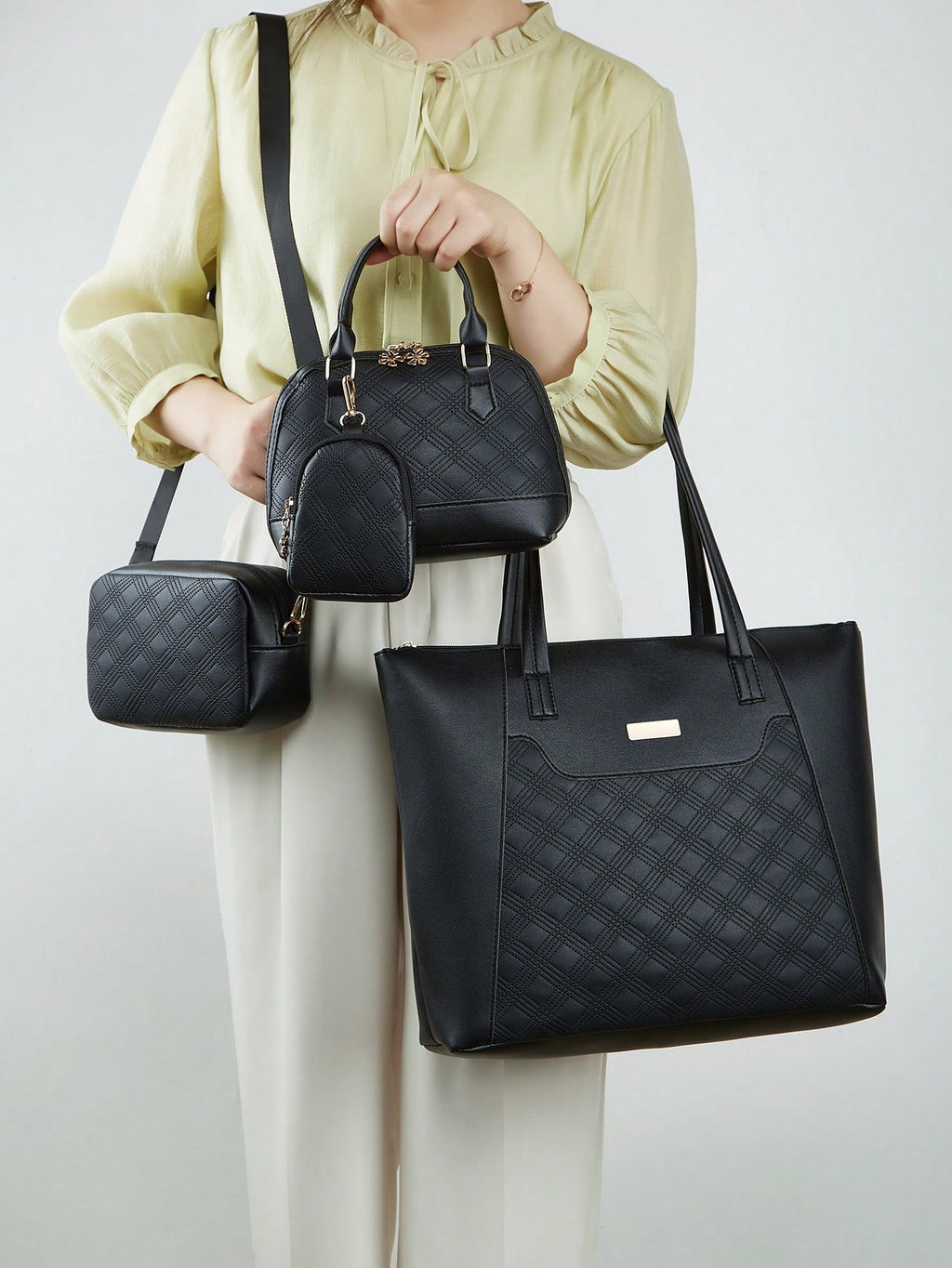 4Pcs Women'S Travel Set Four Pieces: Fashionable Rhinestone Pressed Crossbody Bag,Solid Color Tote,Large Capacity Handbag,Shoulder Camera Bag,School Bag Set,Portable,Classic Casual,Business Casual,For Teen Girls Women College Students,White-Collar Workers,College,Perfect for Office,Elementary School, School Bag with Pouch for Women