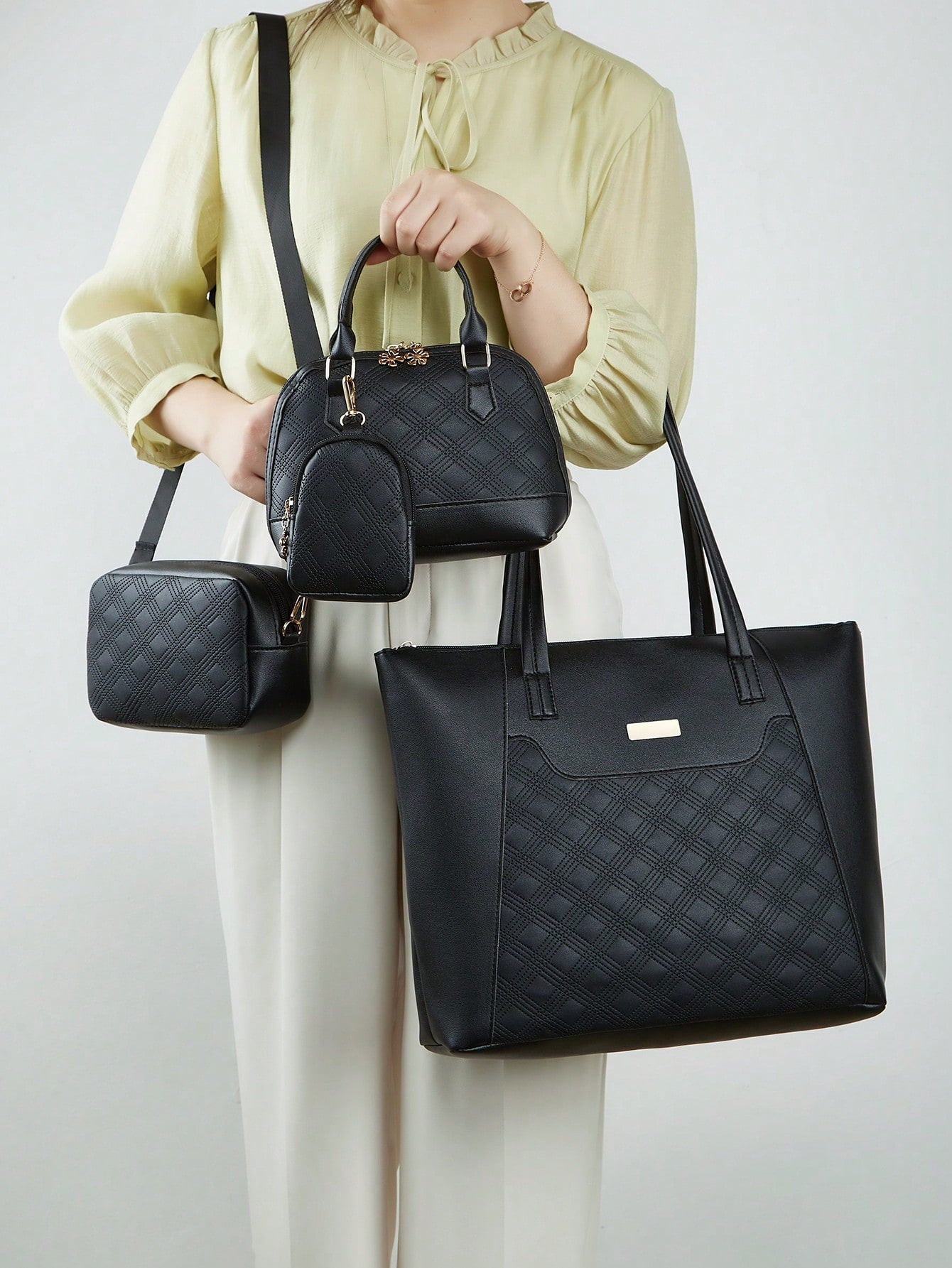 4Pcs Women'S Travel Set Four Pieces: Fashionable Rhinestone Pressed Crossbody Bag,Solid Color Tote,Large Capacity Handbag,Shoulder Camera Bag,School Bag Set,Portable,Classic Casual,Business Casual,For Teen Girls Women College Students,White-Collar Workers,College,Perfect for Office,Elementary School, School Bag with Pouch for Women